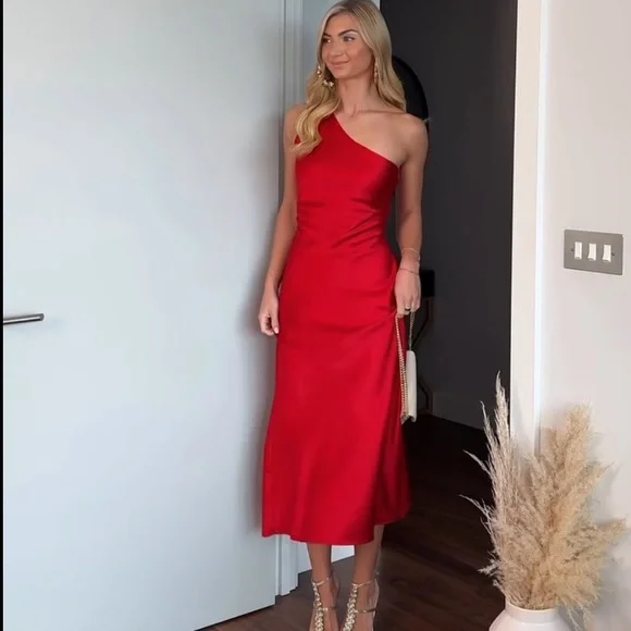 ZARA ASYMMETRIC SATIN EFFECT MIDI DRESS RED XS - Picture 14 of 16